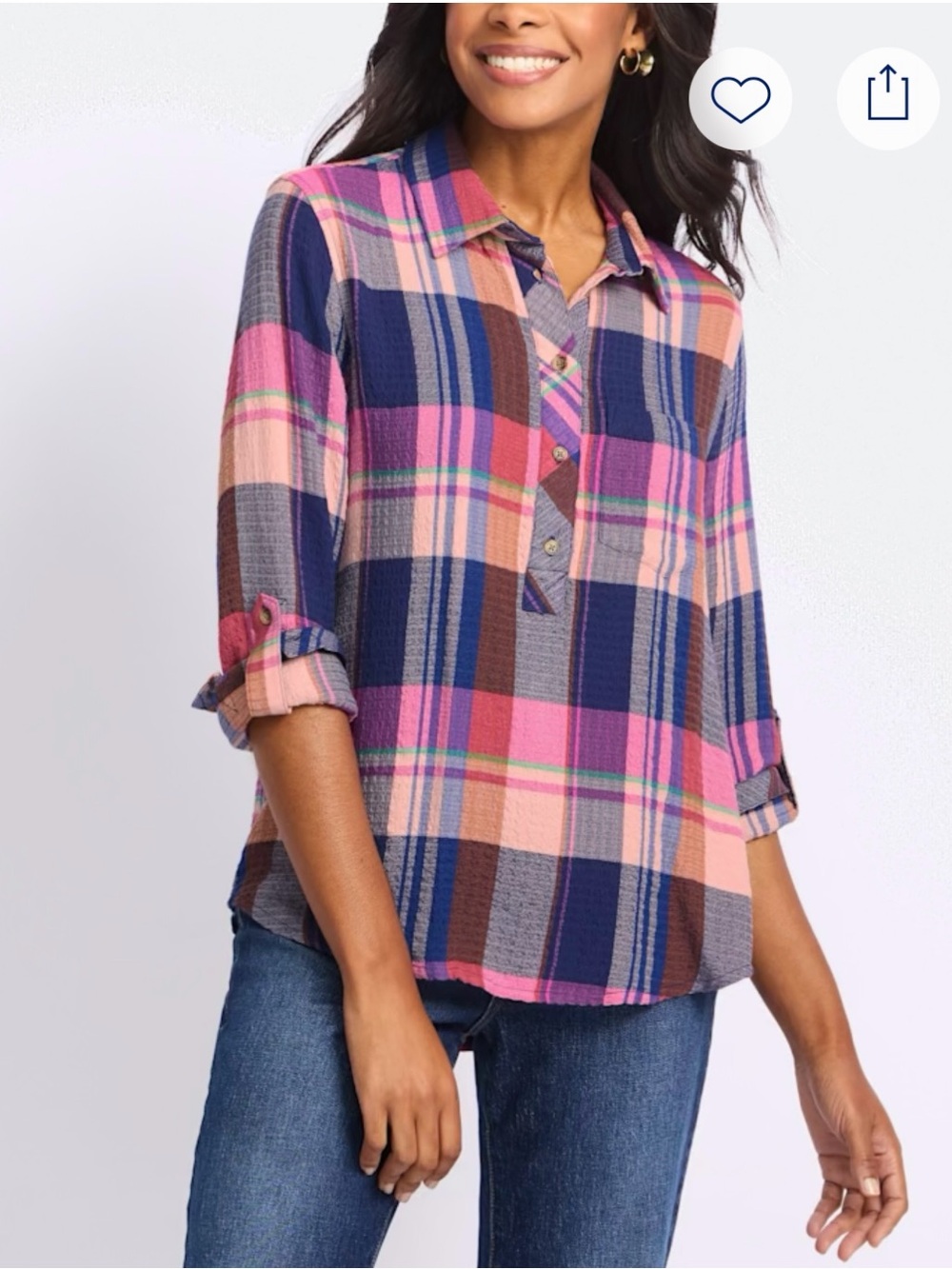 Plaid Button-Front Shirt - Pink & Navy